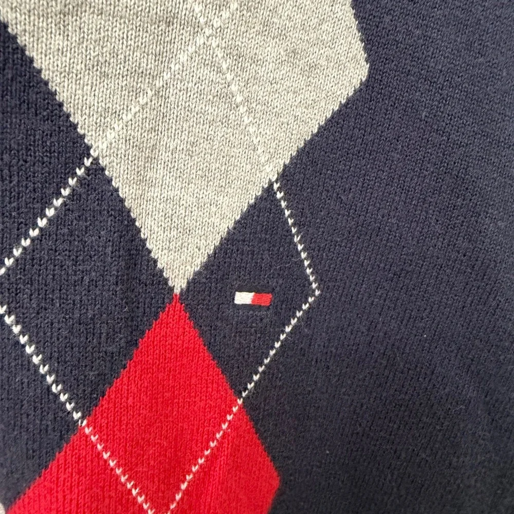 Tommy Hilfiger Sweater XL Navy Blue Argyle‎ V-Neck Cotton Pullover